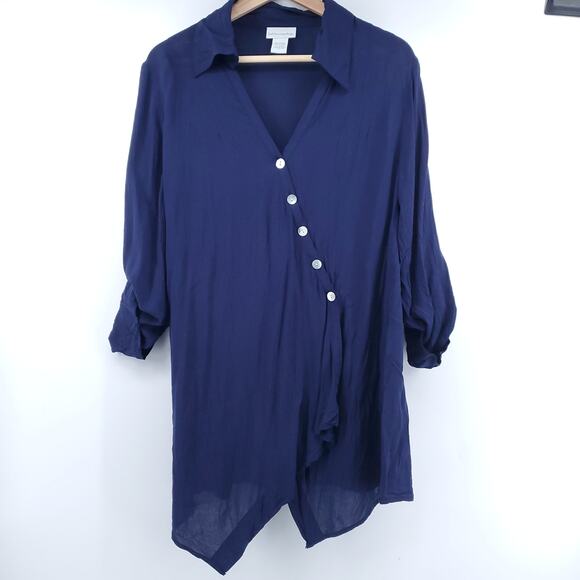 Soft Surroundings Women Assymetrical Ivory Button Down Wrap Roll Tab Sleeve| L - Picture 1 of 10